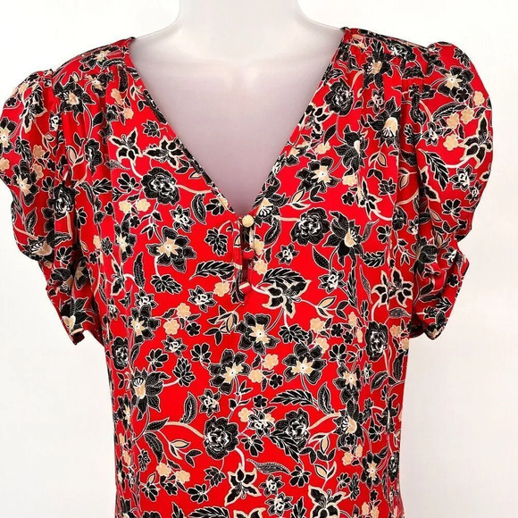 Parker Womens Dress M 100% Silk‎ Floral Ruched Short Sleeves Ruffle Hem Short - Picture 3 of 13